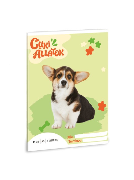 Cuki állatok tűzött füzet A/5, 32 lap vonalas 2.osztály (16-32), welsh corgi