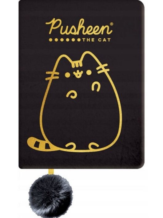 Pusheen cicás napló plüss borítóval, A/5, 96 lapos, vonalas, fekete, Pusheen Gold