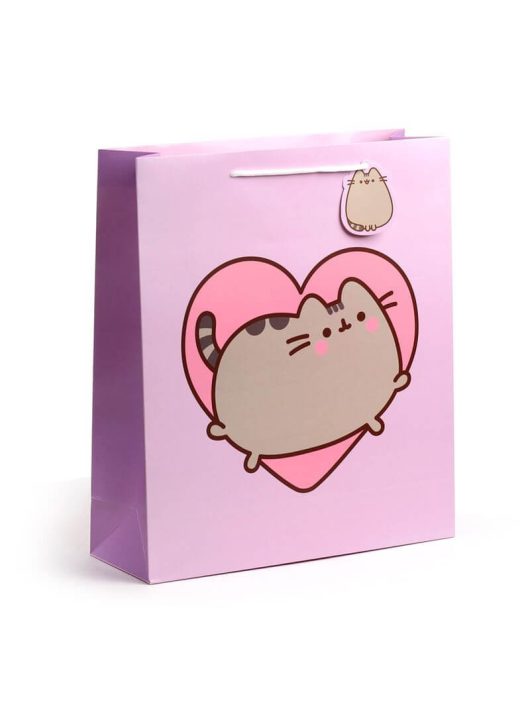 Pusheen cicás ajándéktáska, 40x35x12cm, extra nagy, macska szívvel