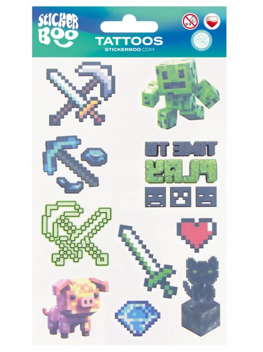 Tetoválás matrica szett, pixel formák, Minecraft minta 10x17,5cm, Sticker Boo